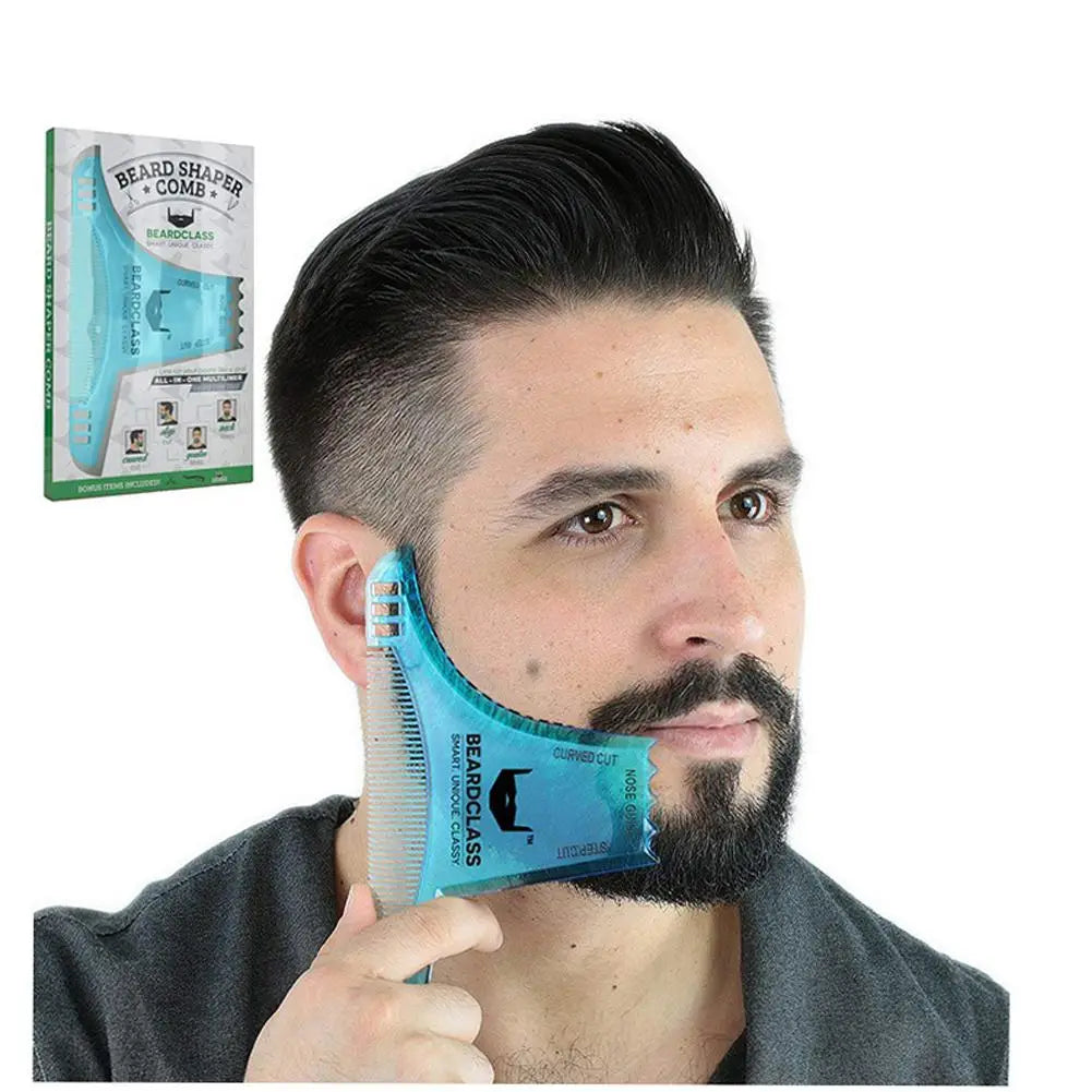 Blauer Kunststoffbart-Schneidekamm mit verstellbaren Führungsschlitzen und gebogenem Stufenschnitt-Design für präzises Grooming und Konturierung der Nase.