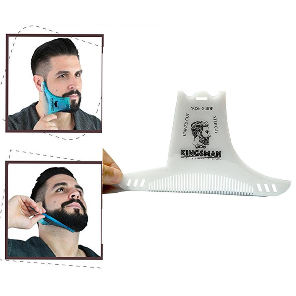 Weißer Kunststoffbart-Schneidekamm mit blau verstellbarem Riemen und eingeprägter Kingsman-Markengebung mit Nasenführung und Stufenschnitt-Design.