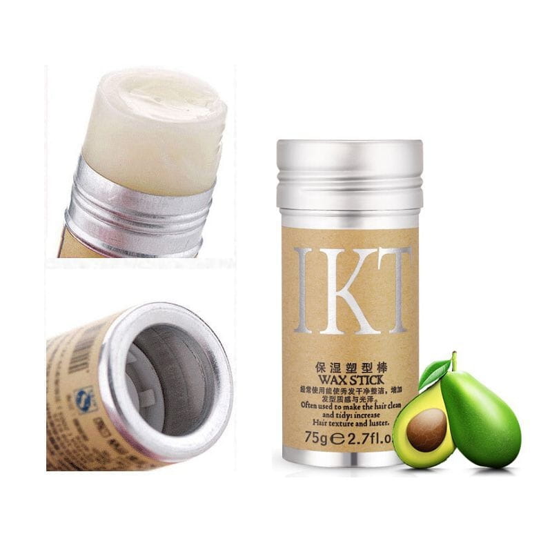 Haarwachs-Stick der Marke ikt mit Avocado-Duft in einem eleganten silbernen und beigen zylindrischen Behälter zur Anwendung für flugelige Haare, 75 g.