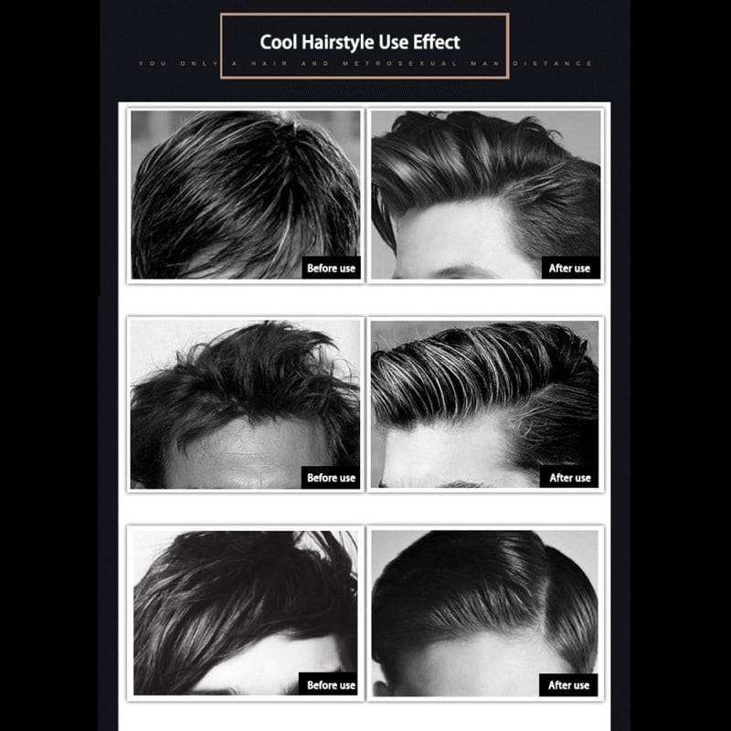 Das Bild zeigt eine Werbung für einen Haarwachs-Stick zur Anwendung für flugelige Haare mit 75 g und stellt Vorher- und Nachher-Ergebnisse verschiedener Frisuren dar.