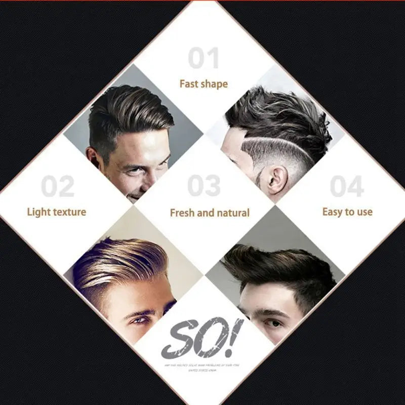 Das Bild zeigt eine collageartige Anordnung in Form eines Diamanten mit vier Herrenfrisuren, beschriftet mit „fast shape“, „light texture“ sowie „fresh and natural“, unter Verwendung eines Haarwachs-Sticks zur Anwendung für flugelige Haare mit 75 g.