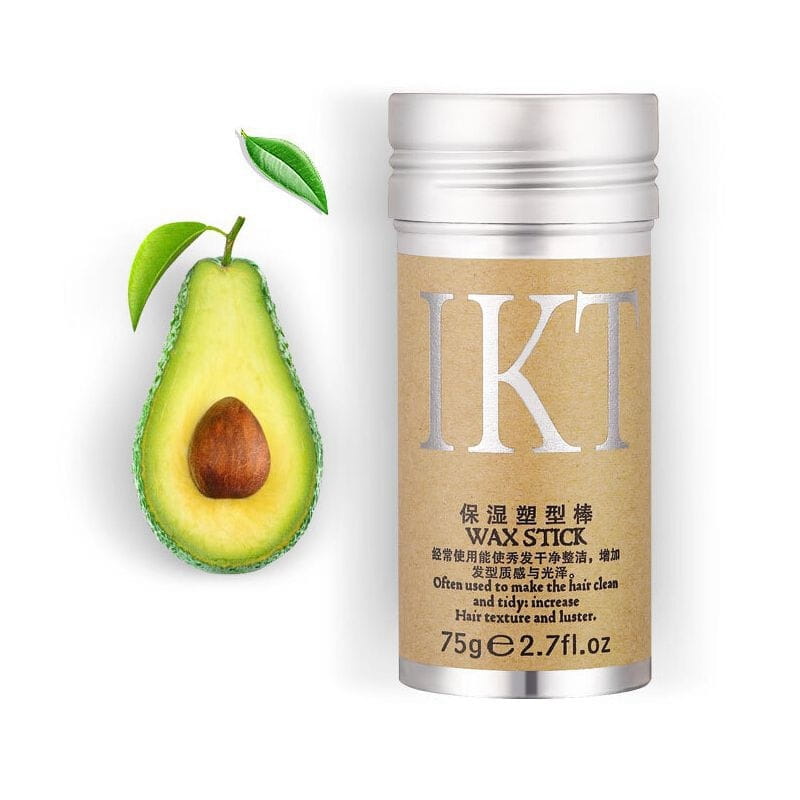 Zylindrischer Haarwachs-Stick mit silbernem Deckel mit Etikett aus braunem Papier und weißer Beschriftung, mit einer Abbildung einer halbierten Avocado zur Anwendung für flugelige Haare, 75 g