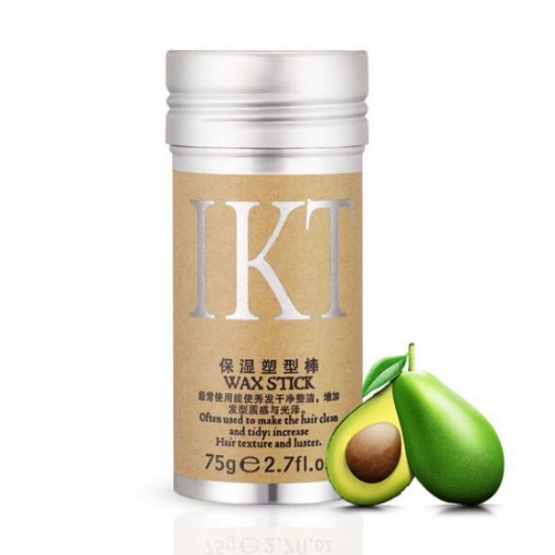 Haarwachs-Stick der Marke ikt mit Avocado-Duft in einem metallisch silbernen und beigen zylindrischen Behälter zur Anwendung für flugelige Haare, 75 g.