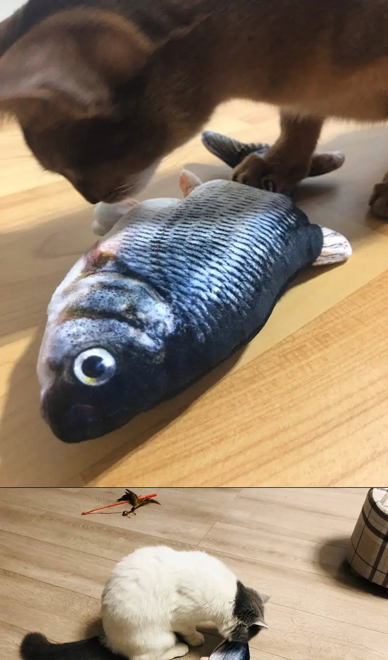 blue plush electric cat fish toy with usb charging feature and detailed scales with a large round eye