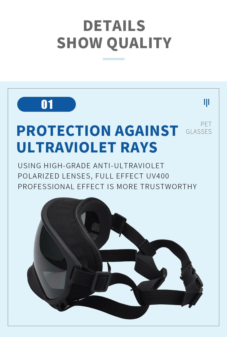 Lunettes de protection pour chien antibuée coupe-vent à monture noire, avec des lentilles polarisées anti-UV de haute qualité offrant une protection complète uv400 pour les lunettes des animaux.