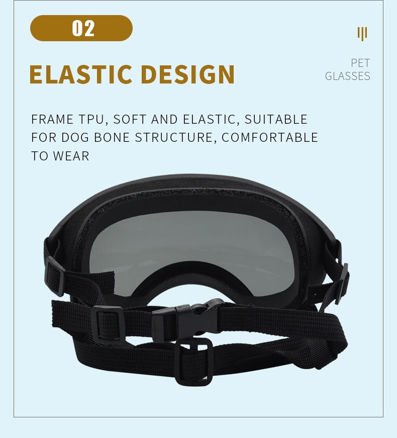 Lunettes de ski pour chien à monture noire en TPU, avec sangles élastiques et structure en forme d’os de chien pour des lunettes de protection antibuée coupe-vent confortables.