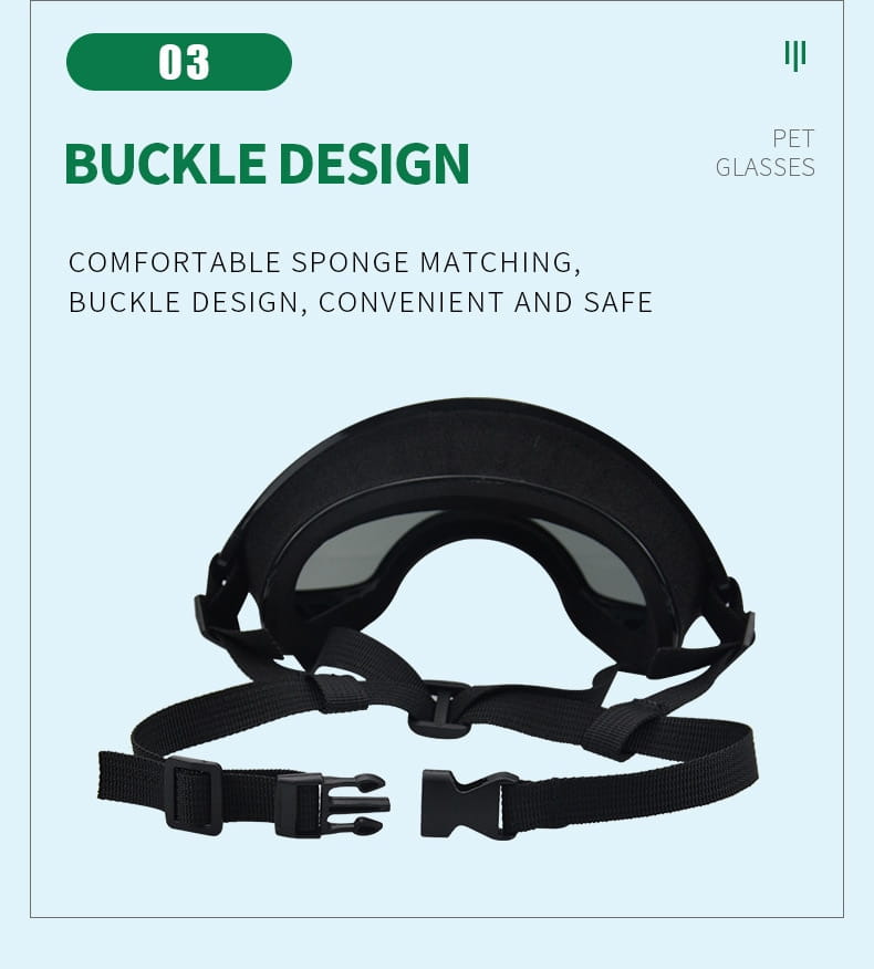 Lunettes de ski pour chien noires dotées de lunettes de protection antibuée coupe-vent confortables, avec design d’attache assortie en mousse et sangles réglables.