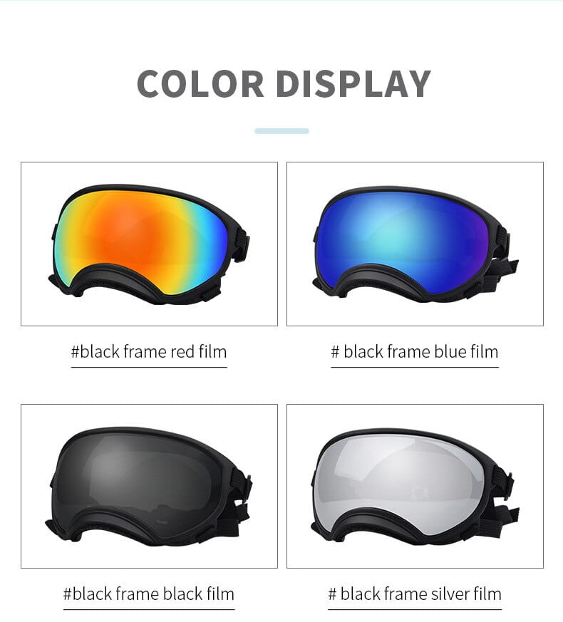 Lunettes de ski pour chien à monture noire, antibuée coupe-vent, lentilles réfléchissantes disponibles en options film rouge, bleu, noir ou argent pour la protection des lunettes des animaux.