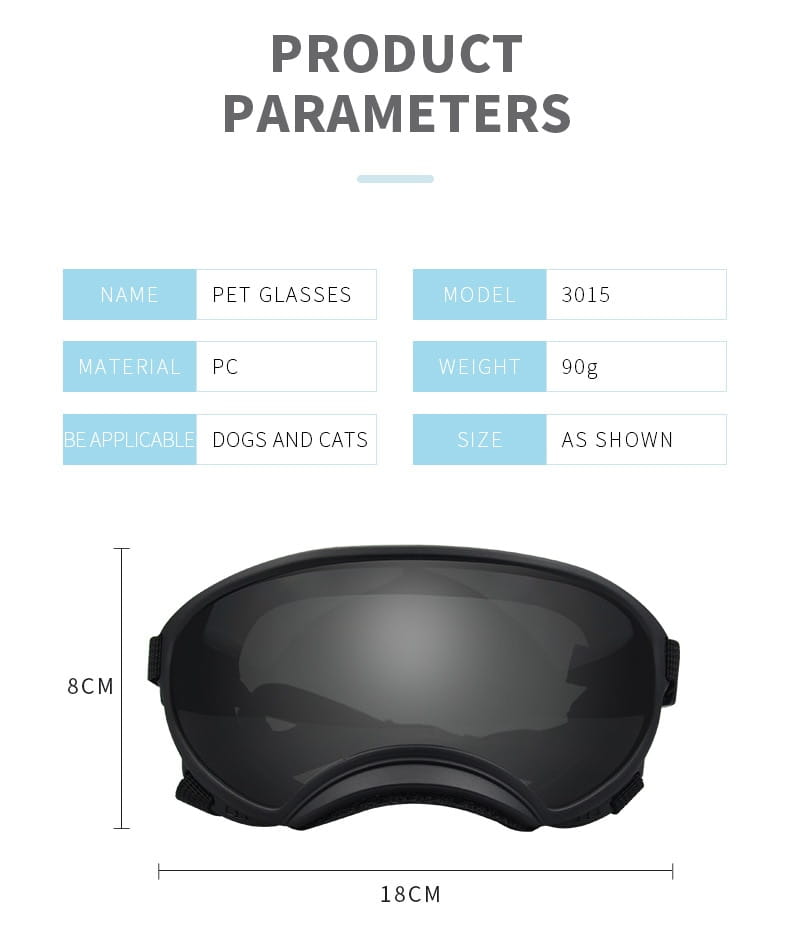 Lunettes pour animaux de compagnie noires en PC, au design courbé élégant et avec verres teintés foncés pour des lunettes de ski pour chien antibuée coupe-vent.