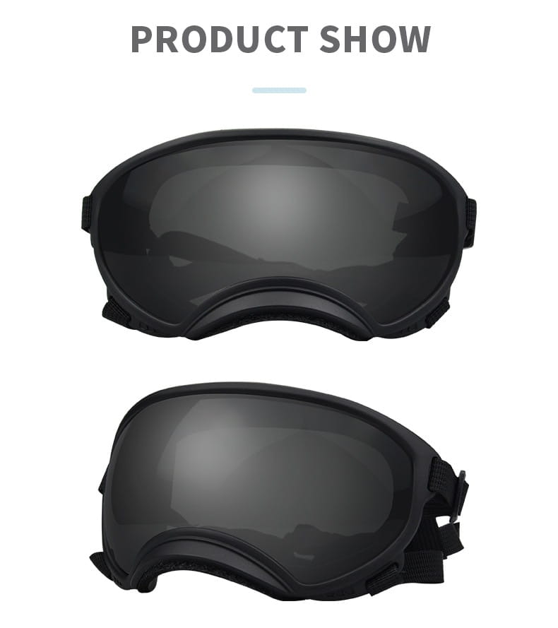 Lunettes de ski pour chien noires avec lentilles réfléchissantes foncées, sangles réglables, lunettes pour animaux antibuée coupe-vent pour la protection en extérieur.