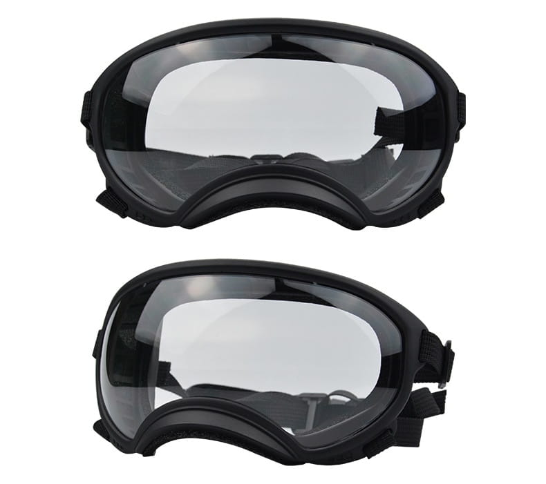 Lunettes de ski pour chien de protection noires antibuée coupe-vent, avec verres transparents et sangles réglables, conçues pour des lunettes de protection antibuée coupe-vent.