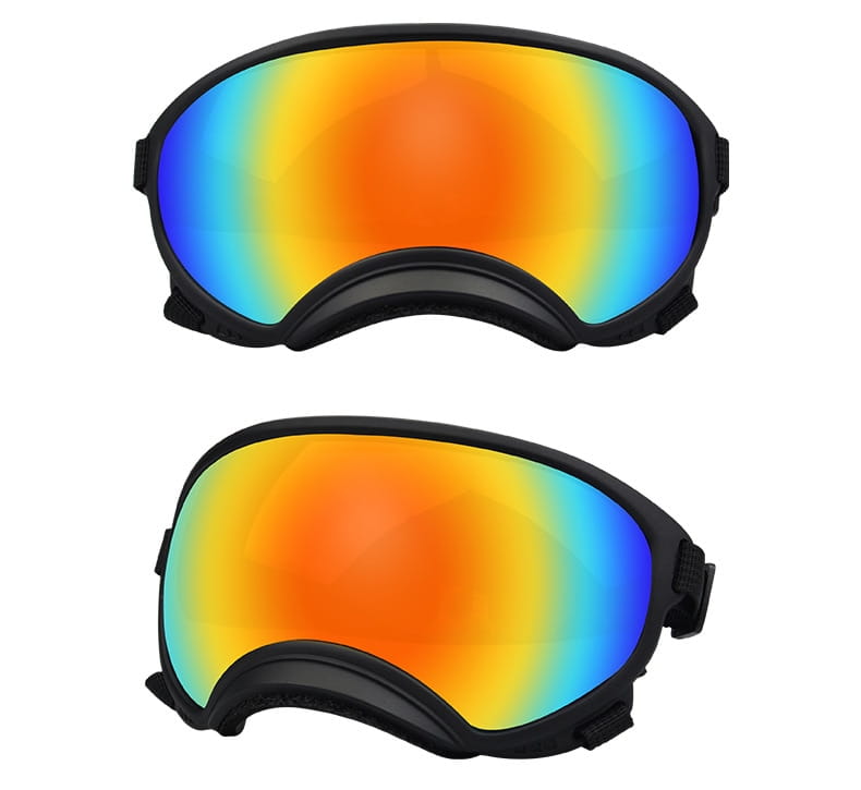 Lunettes de ski pour chien noires avec des lentilles orange et bleues iridescentes et vibrantes, conçues pour une utilisation antibuée et coupe-vent pour les lunettes des animaux