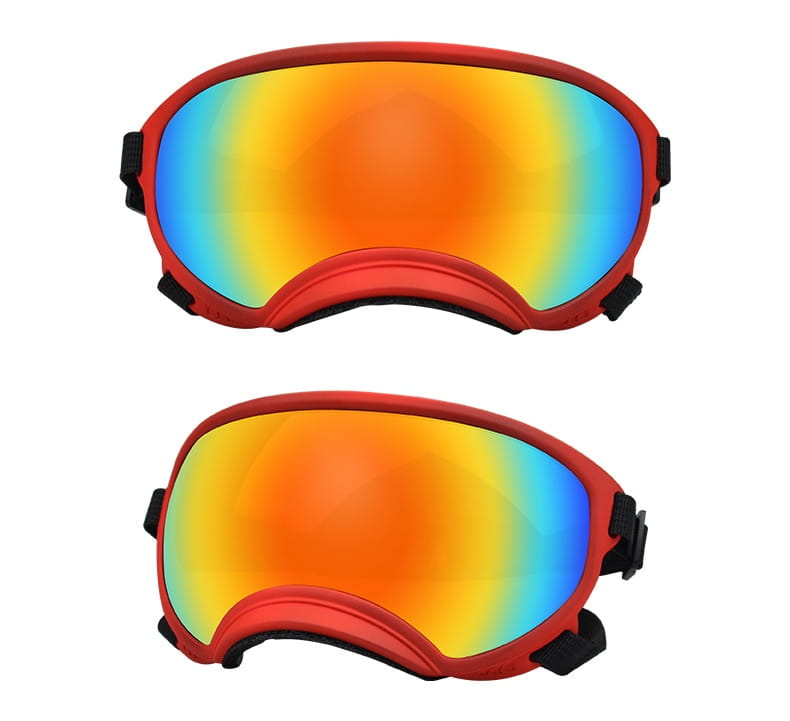 Lunettes de ski pour chien rouges antibuée coupe-vent, avec lentilles réfléchissantes qui passent de l’orange au bleu pour la protection des lunettes des animaux.