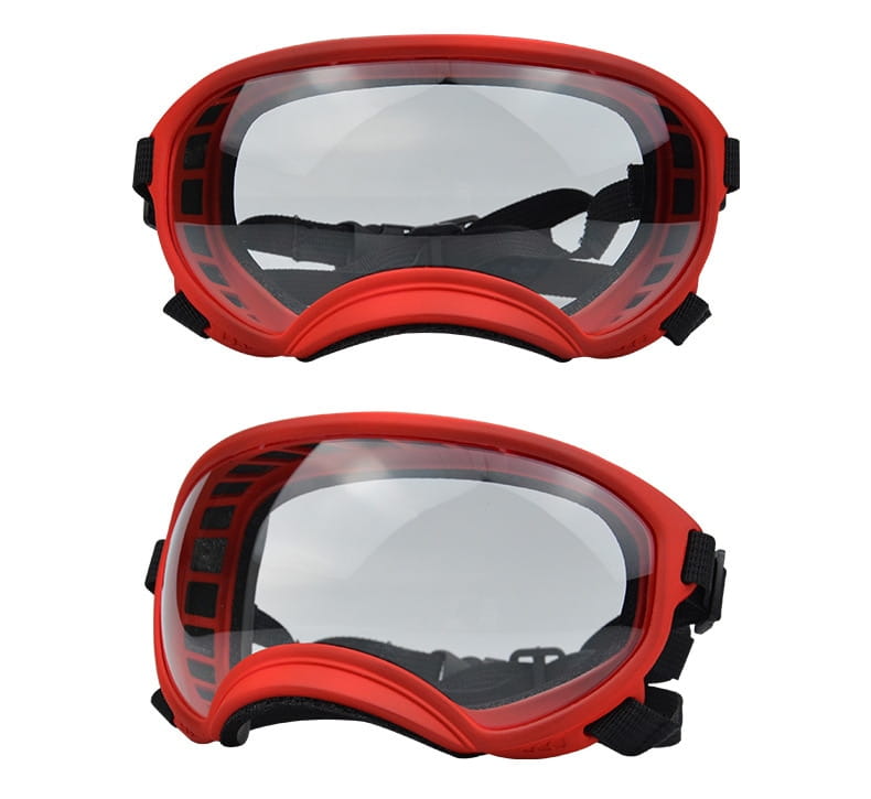 Lunettes de ski pour chien de protection rouges avec verres clairs et sangles réglables noires, conçues pour des lunettes de protection antibuée coupe-vent.