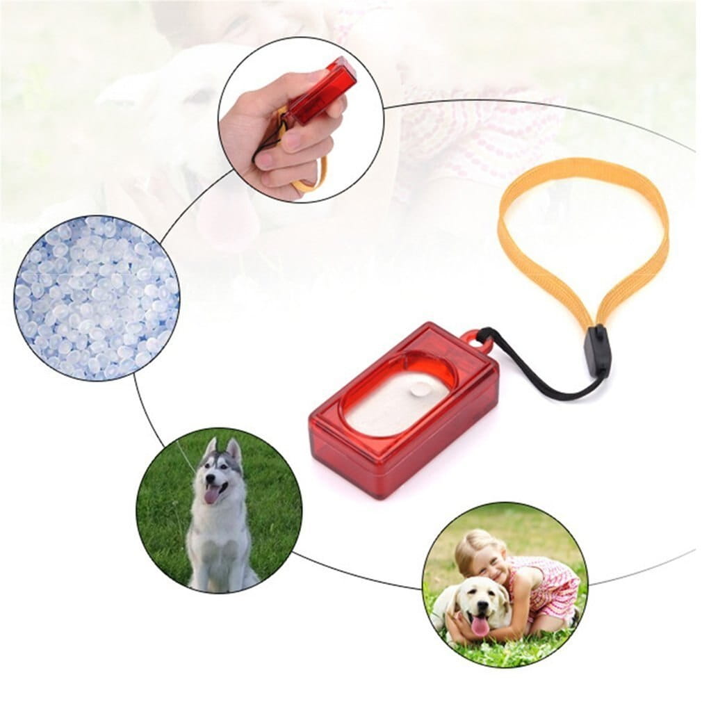 Red plastic dog waste disposal dispenser with yellow strap and black clip designed for dog training clicker square pet trainer red tool.
