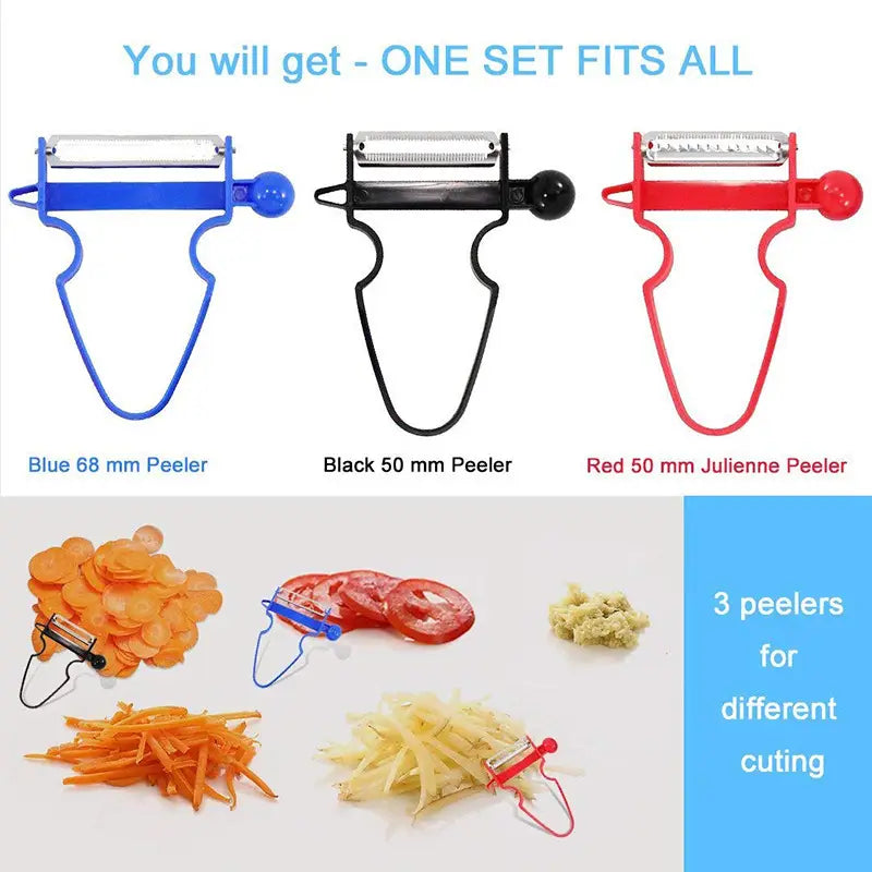 Ensemble de trois éplucheurs de légumes en acier inoxydable à lames pivotantes, bleu-noir et rouge, dotés de poignées ergonomiques pour éplucher ou réaliser des juliennes de légumes.