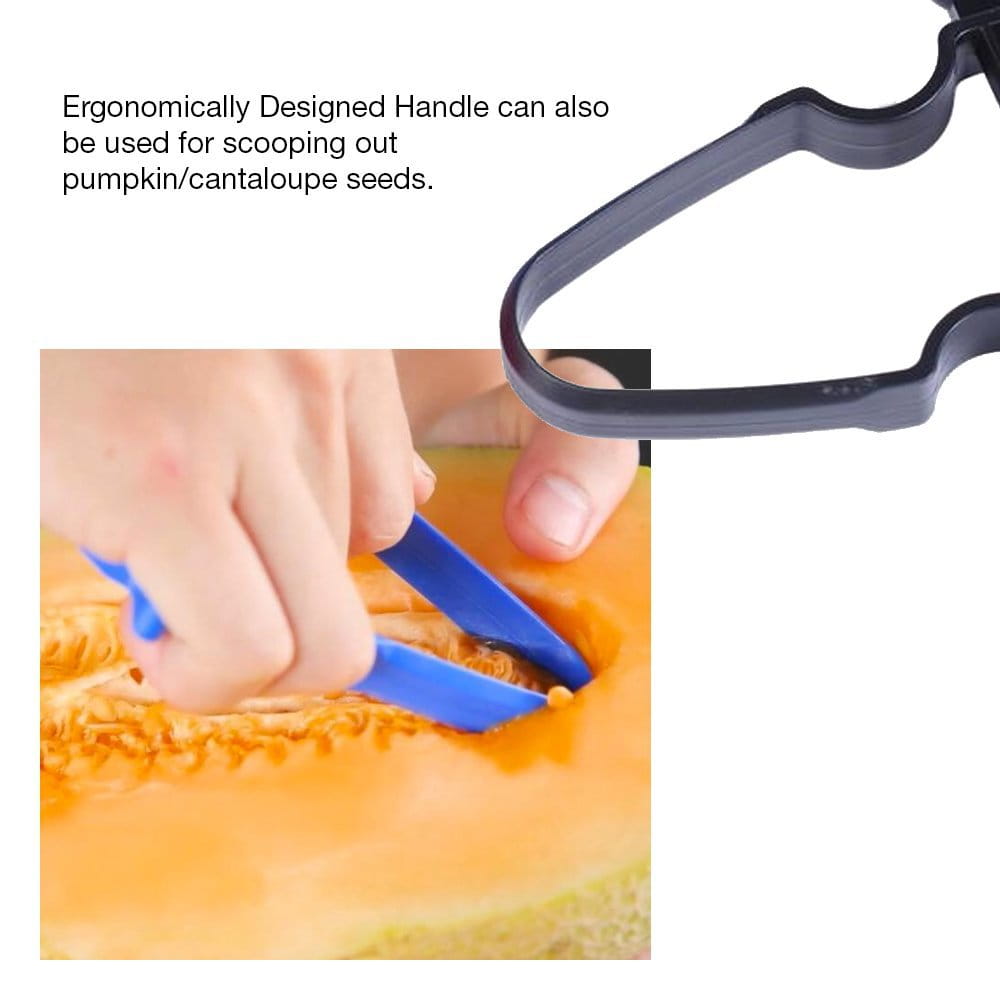 Pelle à graines en plastique bleu avec poignée ergonomique noire incluse, dans un ensemble d’éplucheurs de légumes avec lames pivotantes en acier inoxydable, lot de 3