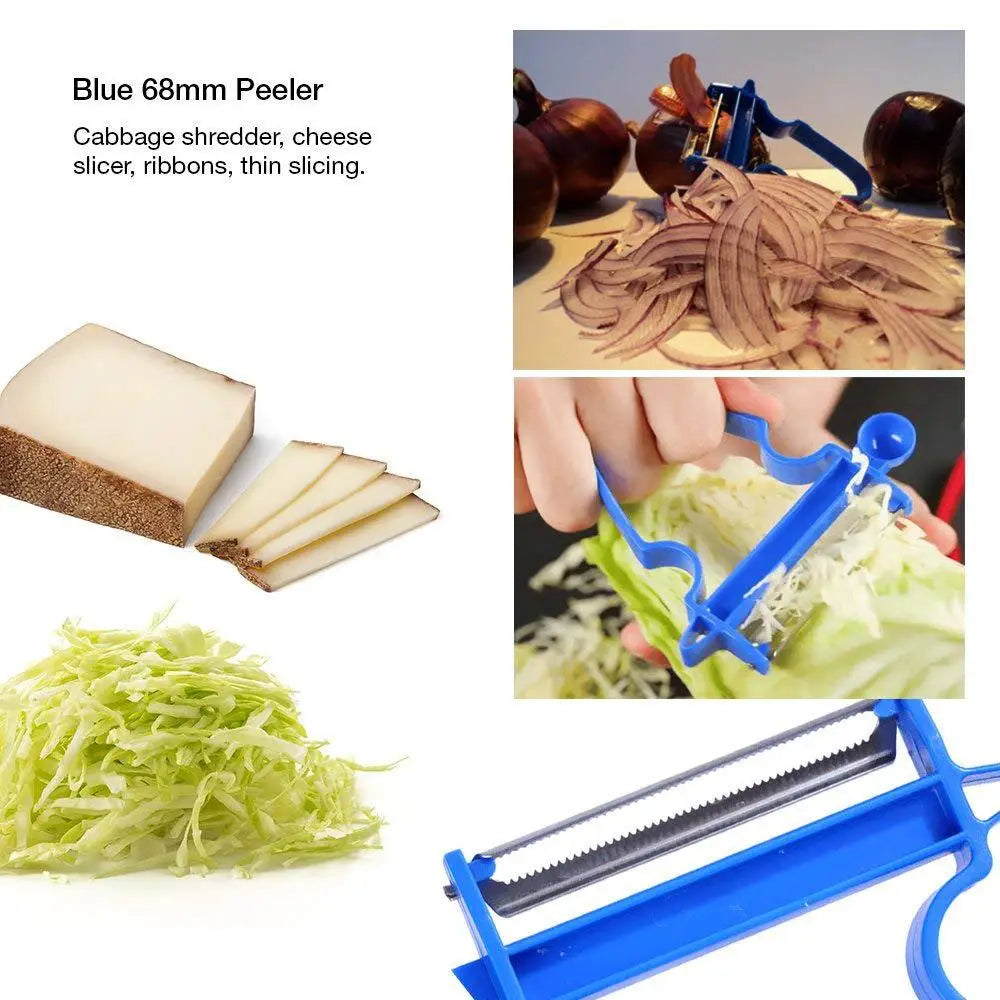 Ensemble d’éplucheur de légumes bleu de 68 mm avec lames pivotantes en acier inoxydable et un corps en plastique robuste, conçu pour une coupe fine, le râpage de choux et la découpe de fromage.