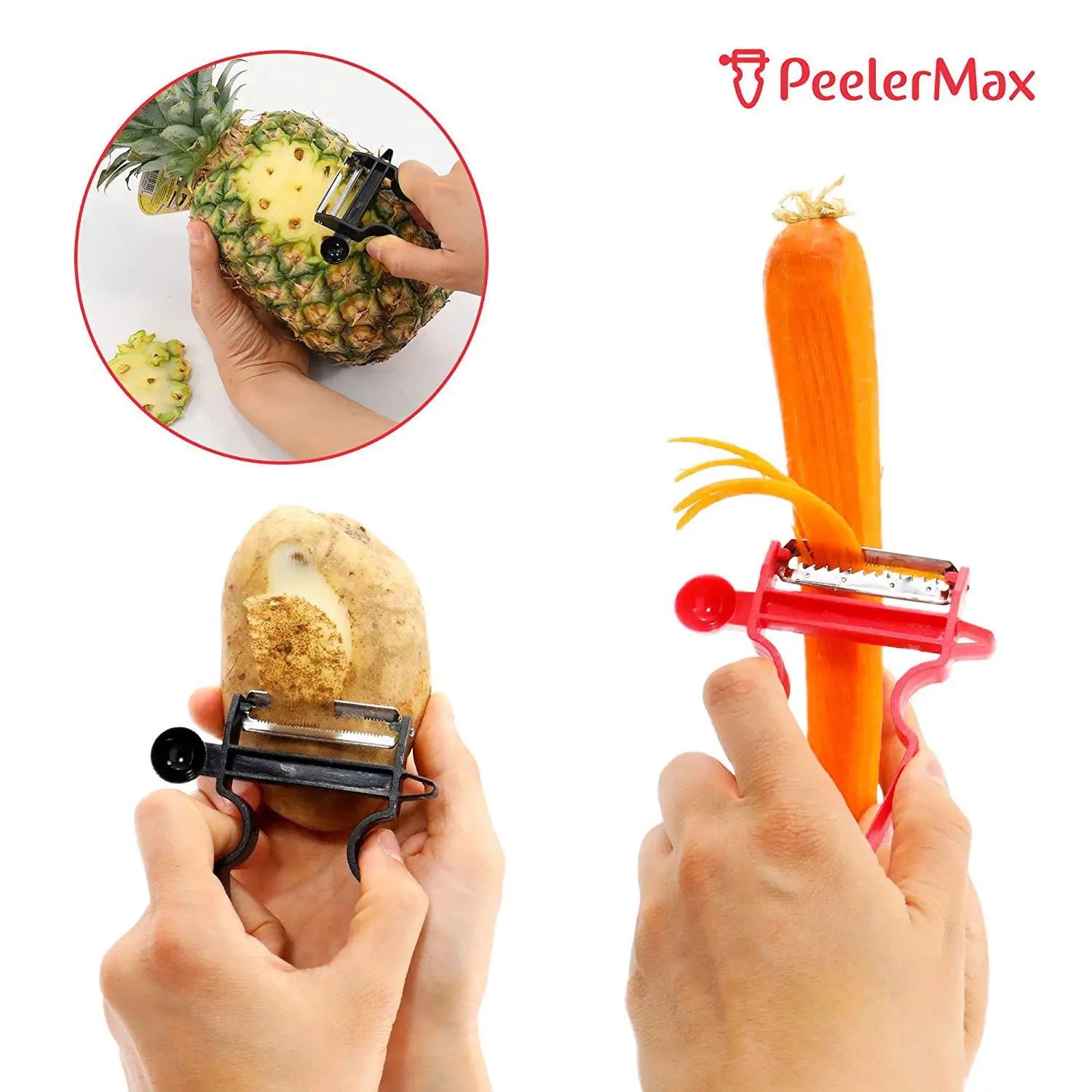 Éplucheur noir et rouge « Peelermax » en acier inoxydable, outil d’épluchage avec poignées réglables pour la préparation polyvalente des fruits et des légumes-racines, dans un ensemble d’éplucheurs de légumes avec lames pivotantes en acier inoxydable, lot de 3.