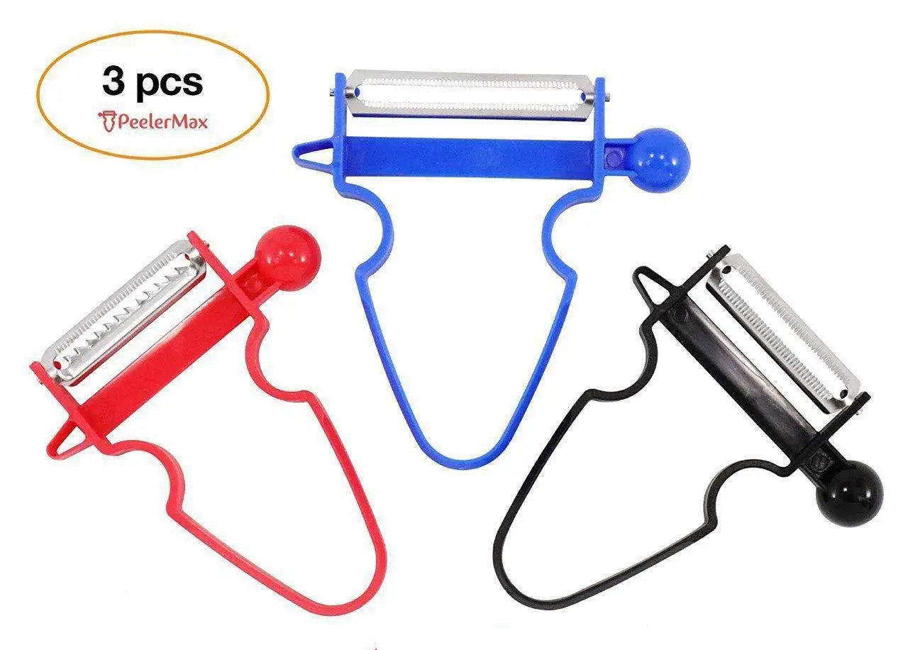 Ensemble de trois éplucheurs de légumes à lame pivotante en acier inoxydable en rouge, bleu et noir, pour un épluchage efficace des légumes.