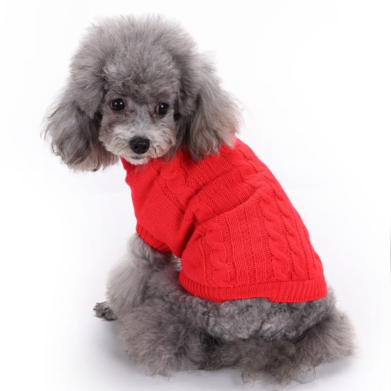 Un suéter de lana para perro tejido tipo ochos en un vibrante rojo, diseñado para perros pequeños, con un patrón texturizado acogedor y ajuste ceñido.