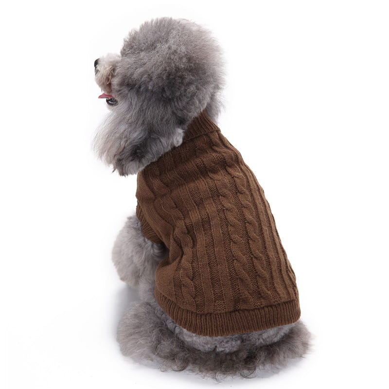 Suéter de perro de lana cálida tejido tipo ochos en color marrón para mascotas pequeñas, mostrado desde el reverso, disponible en tallas xs a l