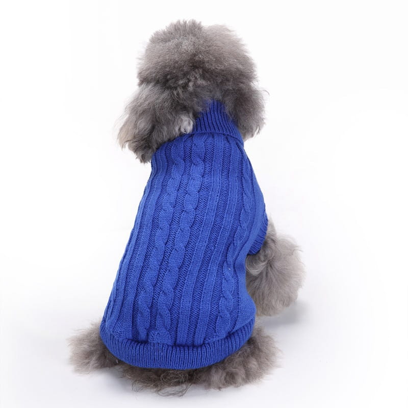 Un suéter de lana tejido tipo ochos en azul real vibrante para perros, con un cuello alto acogedor y ajuste ceñido en tallas xs a l.
