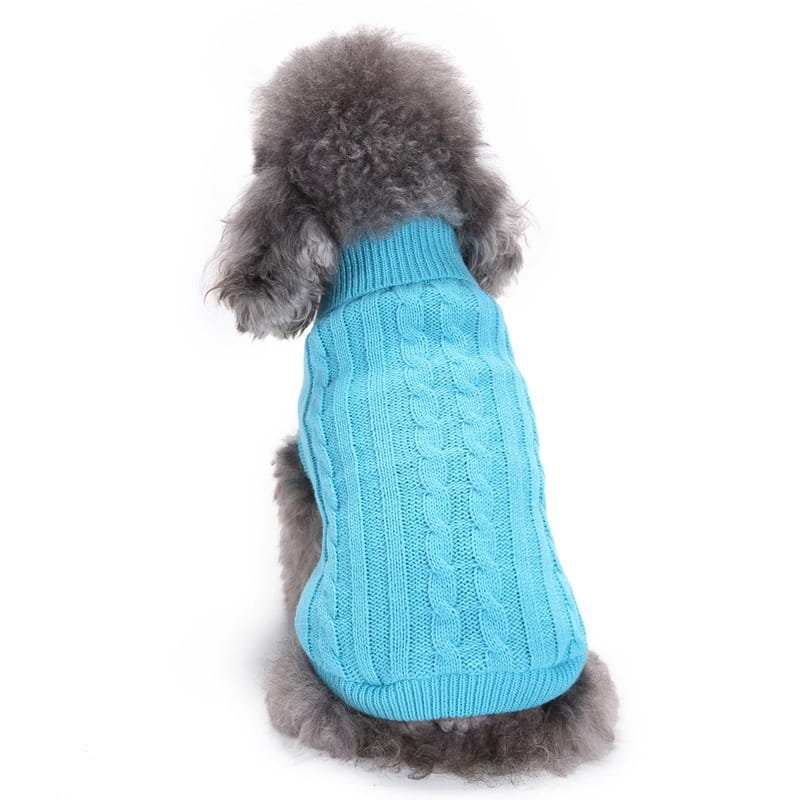 Un suéter de perro tejido tipo ochos en lana azul claro, diseñado para mascotas pequeñas, disponible en tallas XS a L.