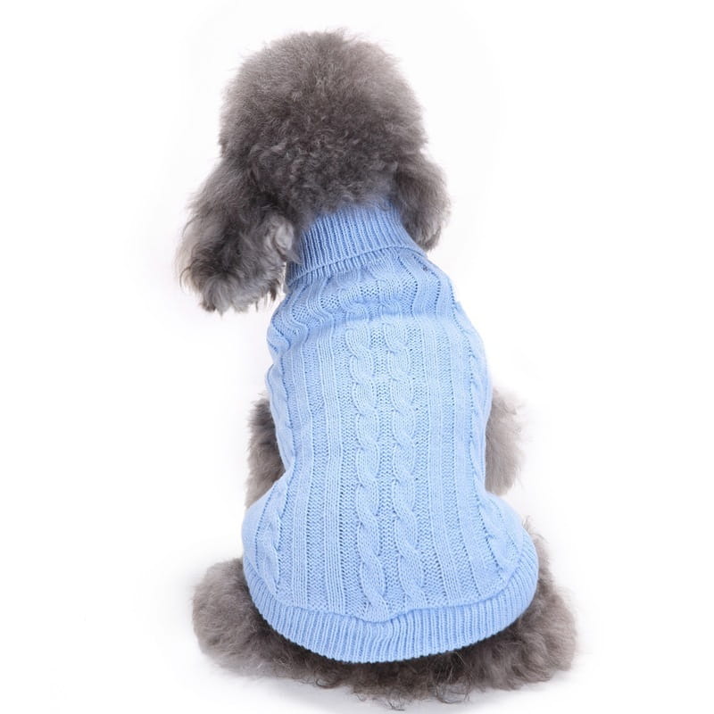 Suéter de lana cálida tejido tipo ochos azul claro para un perro pequeño, diseñado para ropa para mascotas en tallas xs a l.