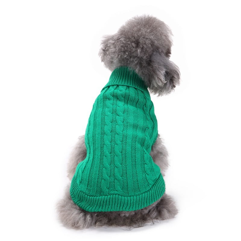 Un suéter de perro tejido tipo ochos en color verde vibrante, de lana, con ajuste ceñido y puños acanalados, diseñado para proporcionar calidez y comodidad, disponible en tallas XS a L.