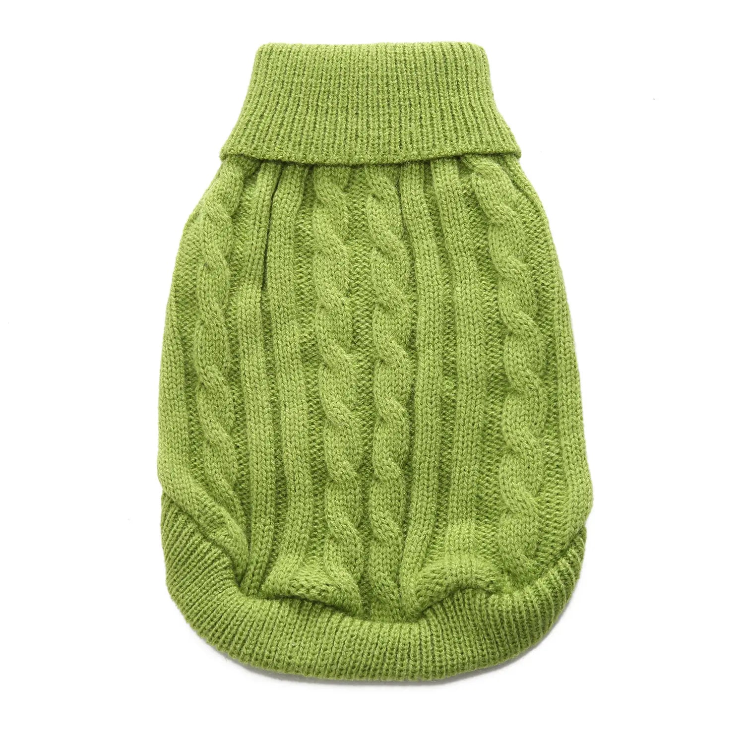 Un suéter para perro verde lima tejido tipo ochos de lana cálida, con cuello y puños acanalados, adecuado para ropa para mascotas en tallas XS a L.