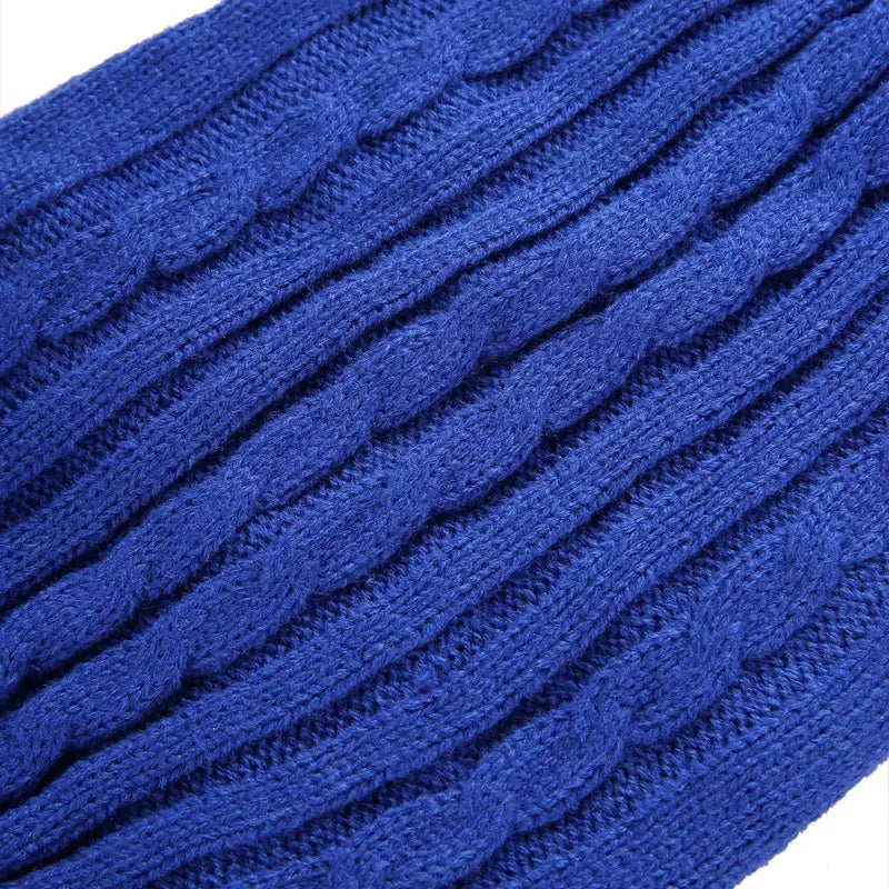 Suéter de perro tejido tipo ochos en azul real intenso, de lana cálida, disponible en tallas XS a L.