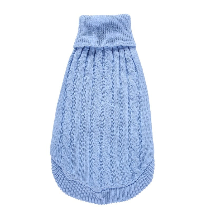 Suéter para perro azul claro tejido, con cuello y puños acanalados, con patrones verticales de punto tipo ochos, hecho de lana cálida, ropa para mascotas disponible en tallas xs a l.