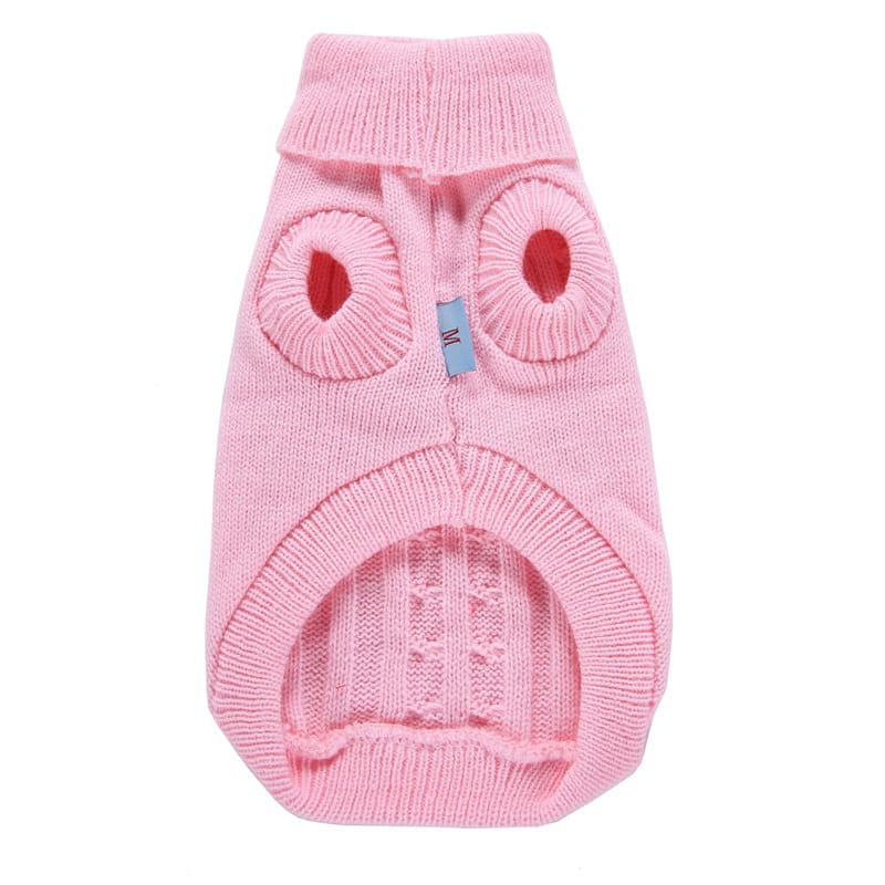 Suéter para perro rosa tejido con forma de búho, con detalles circulares rojos en los ojos y textura de punto tipo ochos acanalada hecha de lana cálida para ropa para mascotas, disponible en tallas XS a L.