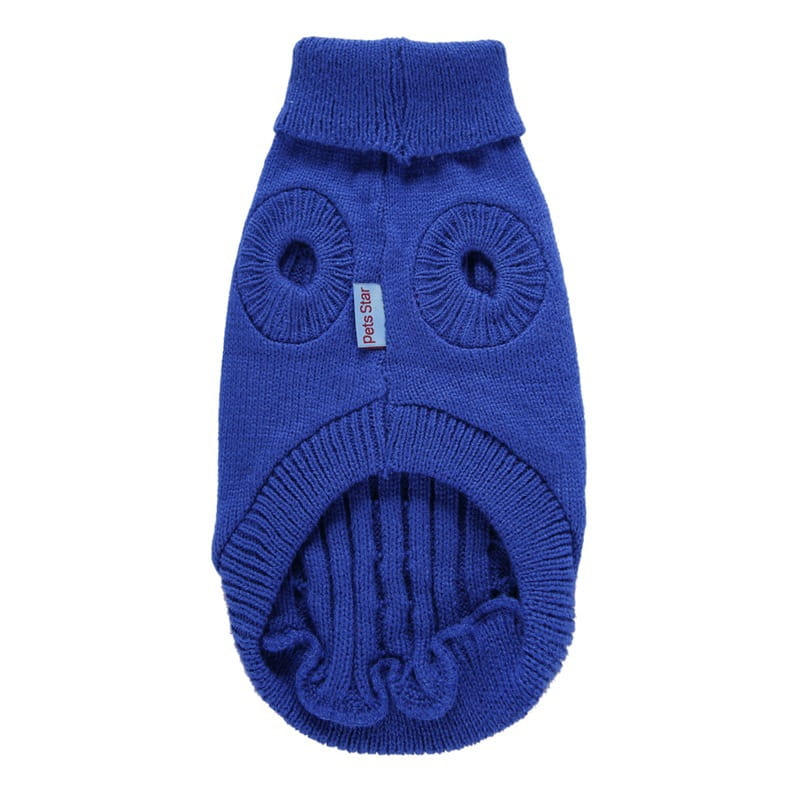 Suéter para perro azul real tejido con temática de búho, con cuello vuelto acanalado y detalles texturizados de los ojos hechos de lana cálida y tejido en punto tipo ochos, ropa para mascotas disponible en tallas XS a L.