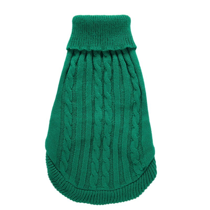 Suéter para perro acogedor verde esmeralda tejido en punto tipo ochos de lana cálida, con cuello vuelto y bajo acanalados, diseñado para ropa para mascotas en tallas XS a L.
