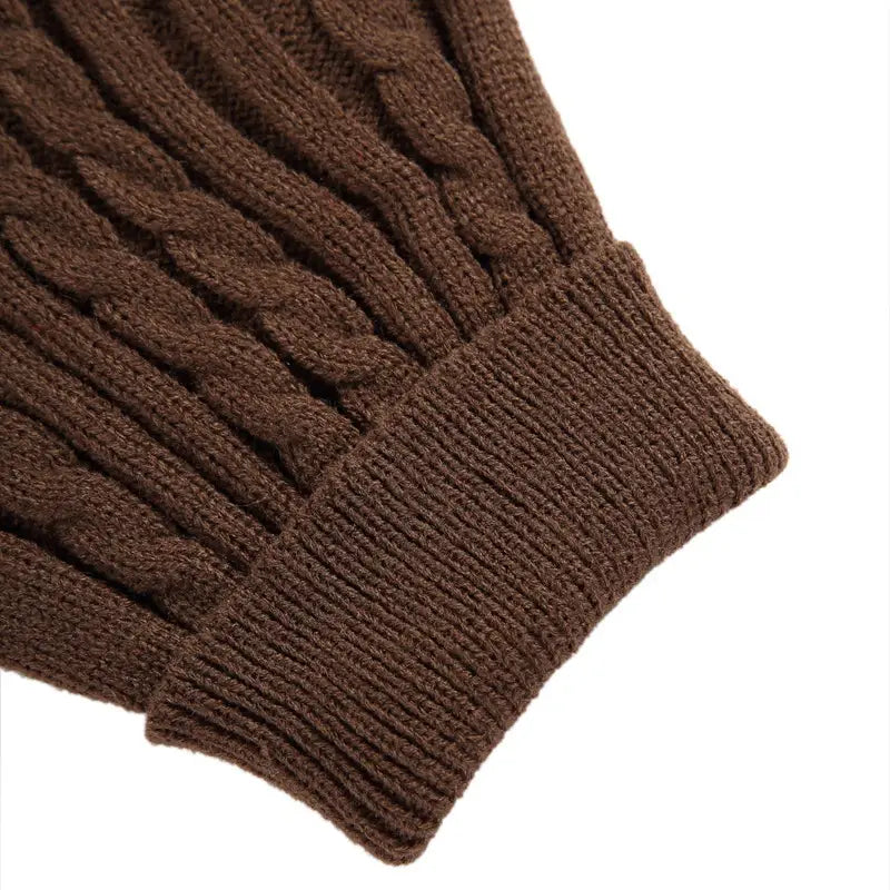 Puño de suéter para perro marrón tejido en punto tipo ochos, con textura acanalada y un patrón trenzado intrincado, para ropa para mascotas cálida en tallas XS a L.