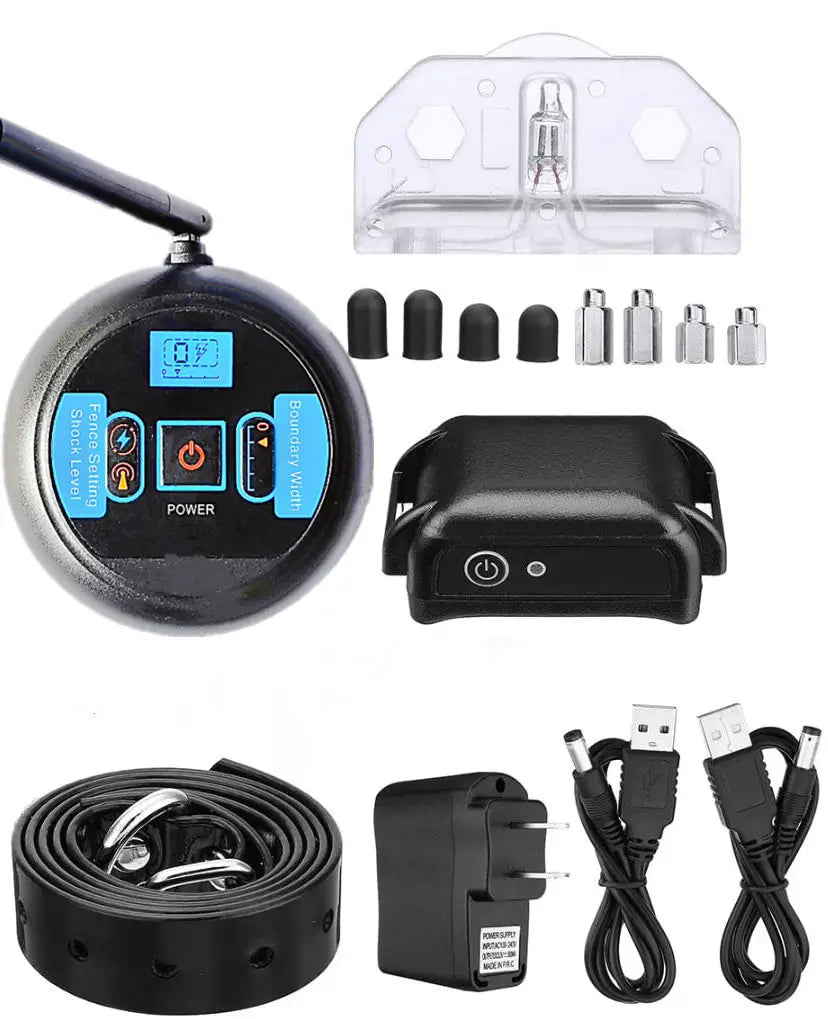 Black circular wireless pet fence electric waterproof training collar control unit with blue digital display and power buttons.