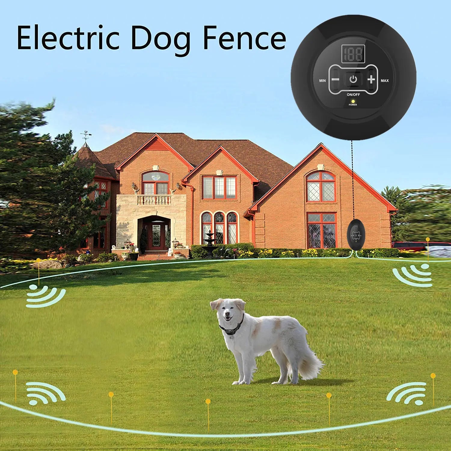 black circular electric dog fence control unit with digital display and tactile buttons for wireless pet fence electric waterproof training collar.