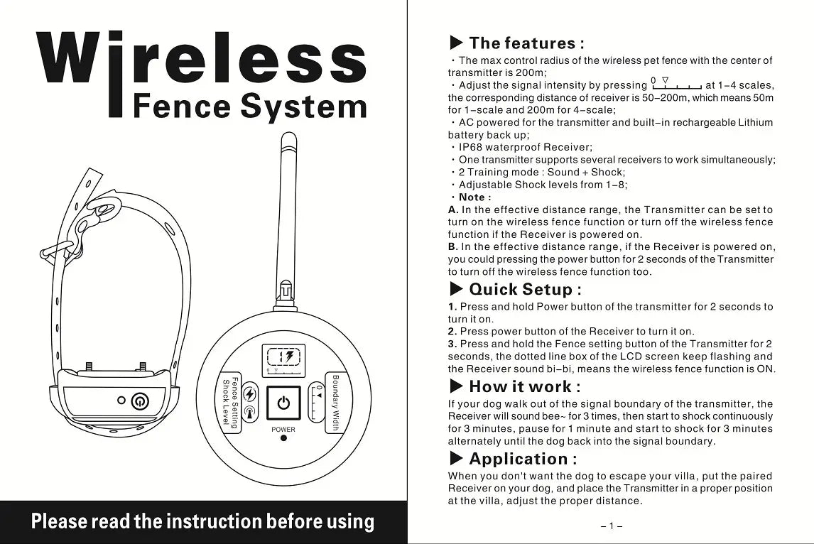 Wireless pet fence electric waterproof training collar with a white antenna, circular transmitter body featuring power and mode buttons, and an attached collar strap.