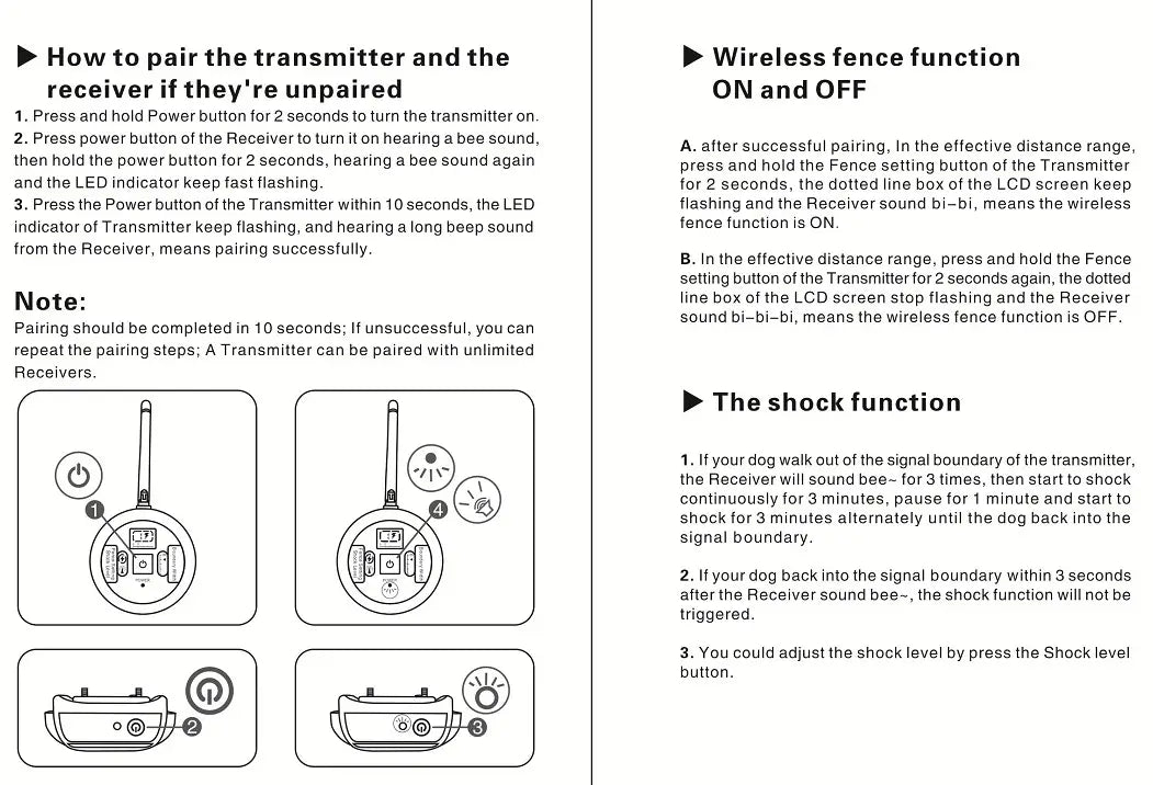 Wireless pet fence electric waterproof training collar transmitter with circular design, buttons, and led indicator for pairing and shock function control.