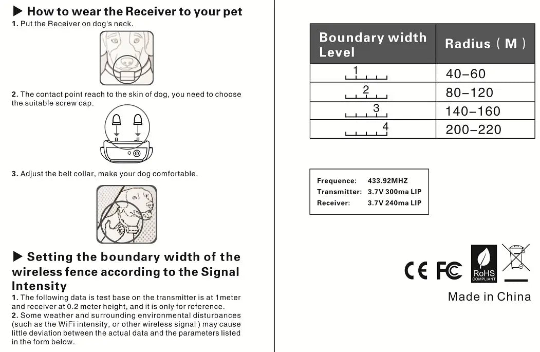 The back side of a technical instruction sheet for a wireless pet fence electric waterproof training collar detailing frequency 433.92mhz voltage 3.7v and made in China