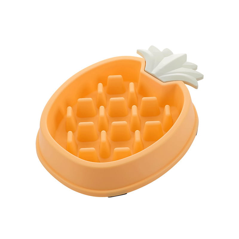 Cuenco para perros de alimentación lenta con forma de piña de plástico color naranja, con parte superior en forma de hoja blanca, diseñado como recipiente para mascotas para promover la alimentación lenta.