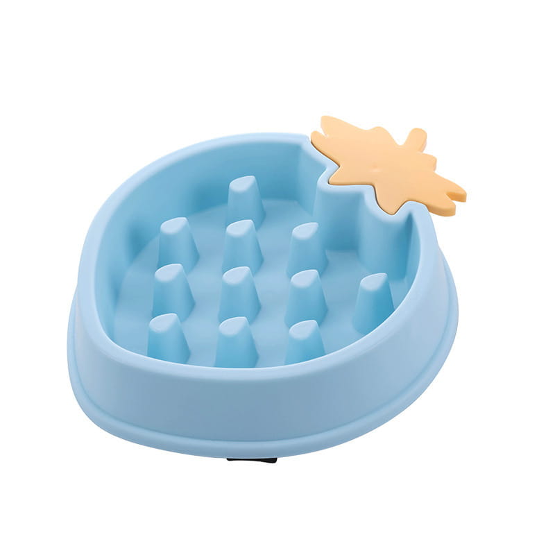 Cuenco para perros de alimentación lenta con forma de piña de silicona color azul claro, con acento superior con forma de estrella color beige, diseñado como recipiente de plástico para mascotas.