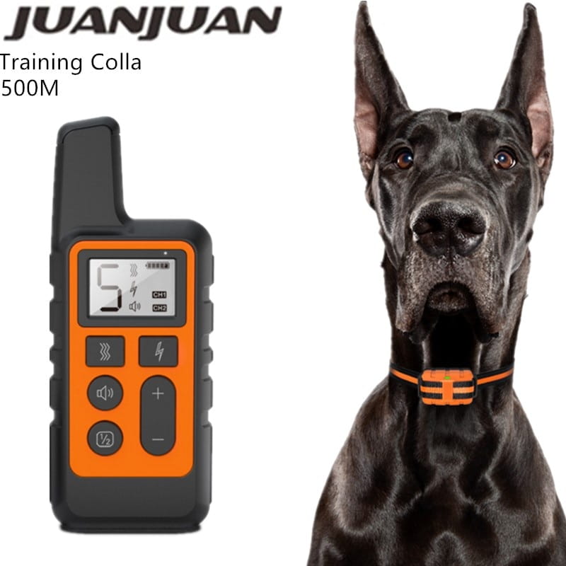 Orange and black Juanjuan dog training collar system with 500m waterproof remote control for effective canine training.