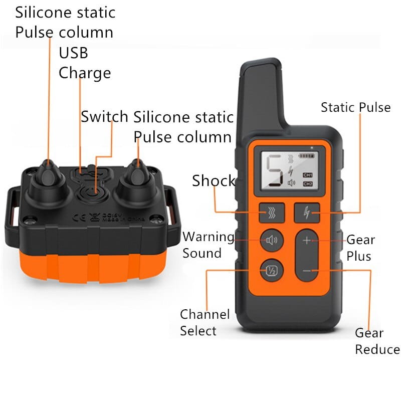 Orange and black silicone dog training collar remote with digital display and 500m waterproof range for effective dog training.