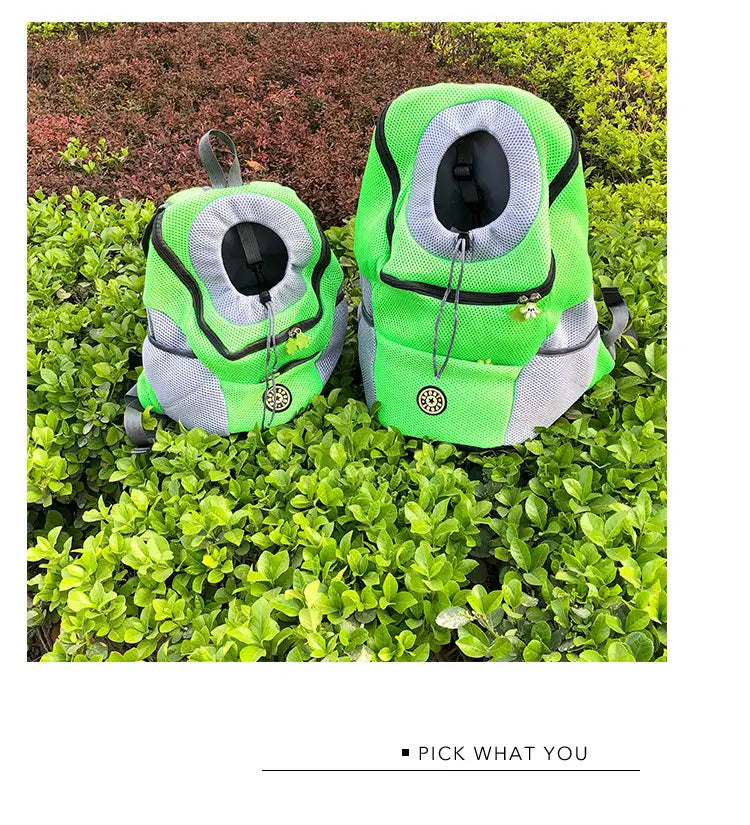 Bright neon green and gray breathable mesh pet carrier backpacks with black trim designed for comfortable pet transportation.
