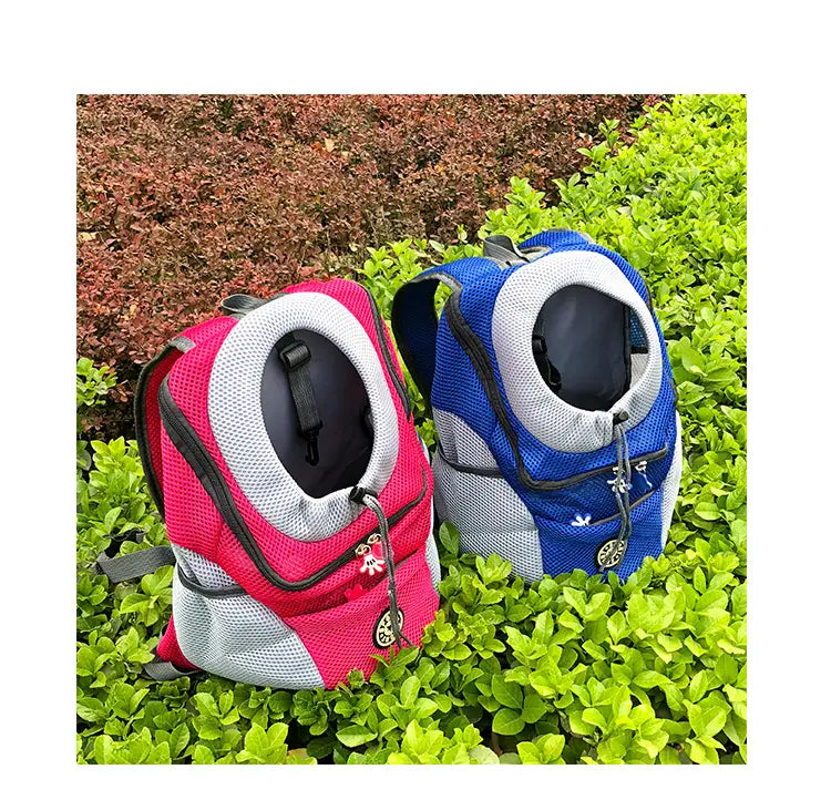Pink and blue breathable mesh pet carrier backpacks with white trim and adjustable straps for comfortable pet transport.