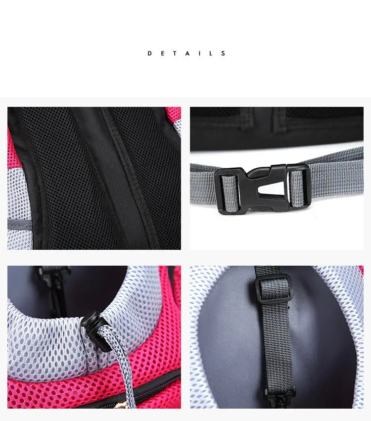 pink and gray breathable mesh pet carrier backpack with black adjustable straps and plastic buckles displayed from the back side