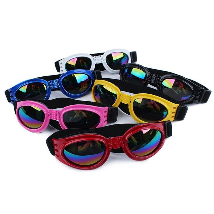 Gafas para perros de colores con protección UV, plegables, en forma de gafas para mascotas con monturas vibrantes en rojo, rosa, amarillo, azul y negro, con correas elásticas ajustables, diseñadas para perros de tamaño mediano.
